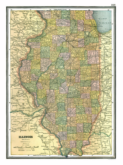 Historic State Map - Illinois - Johnson 1888 - 23 x 30.78 - Vintage Wall Art