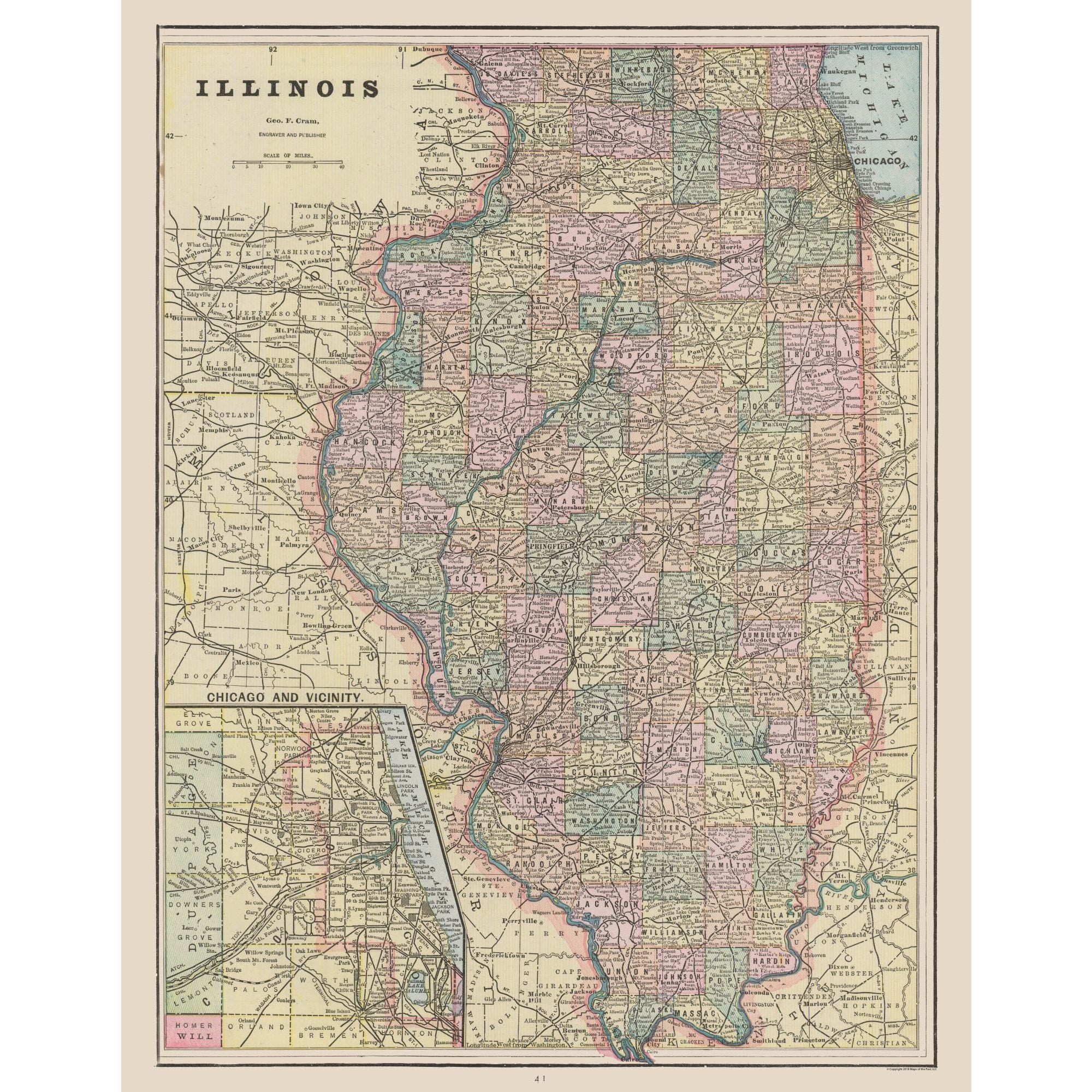 Historic State Map - Illinois - Cram 1892 - 23 x 29.54 - Vintage Wall ...
