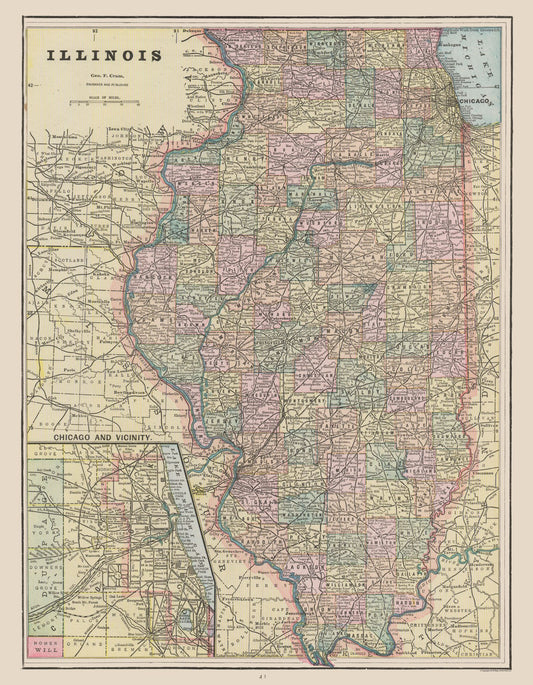 Historic State Map - Illinois - Cram 1892 - 23 x 29.54 - Vintage Wall Art