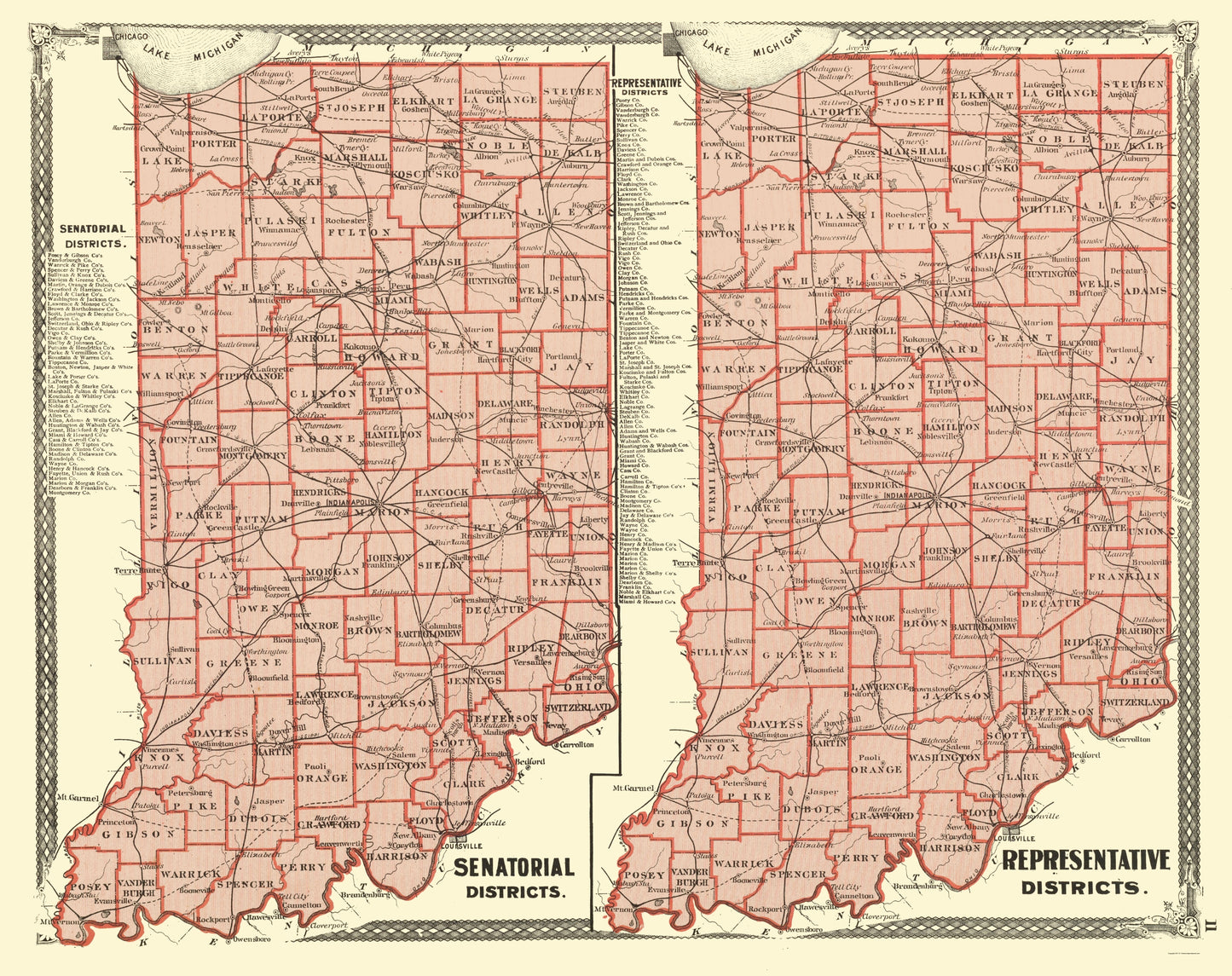 Historic State Map - Indiana Senatorial Representative Districts - Baskins 1876 - 23 x 29 - Vintage Wall Art