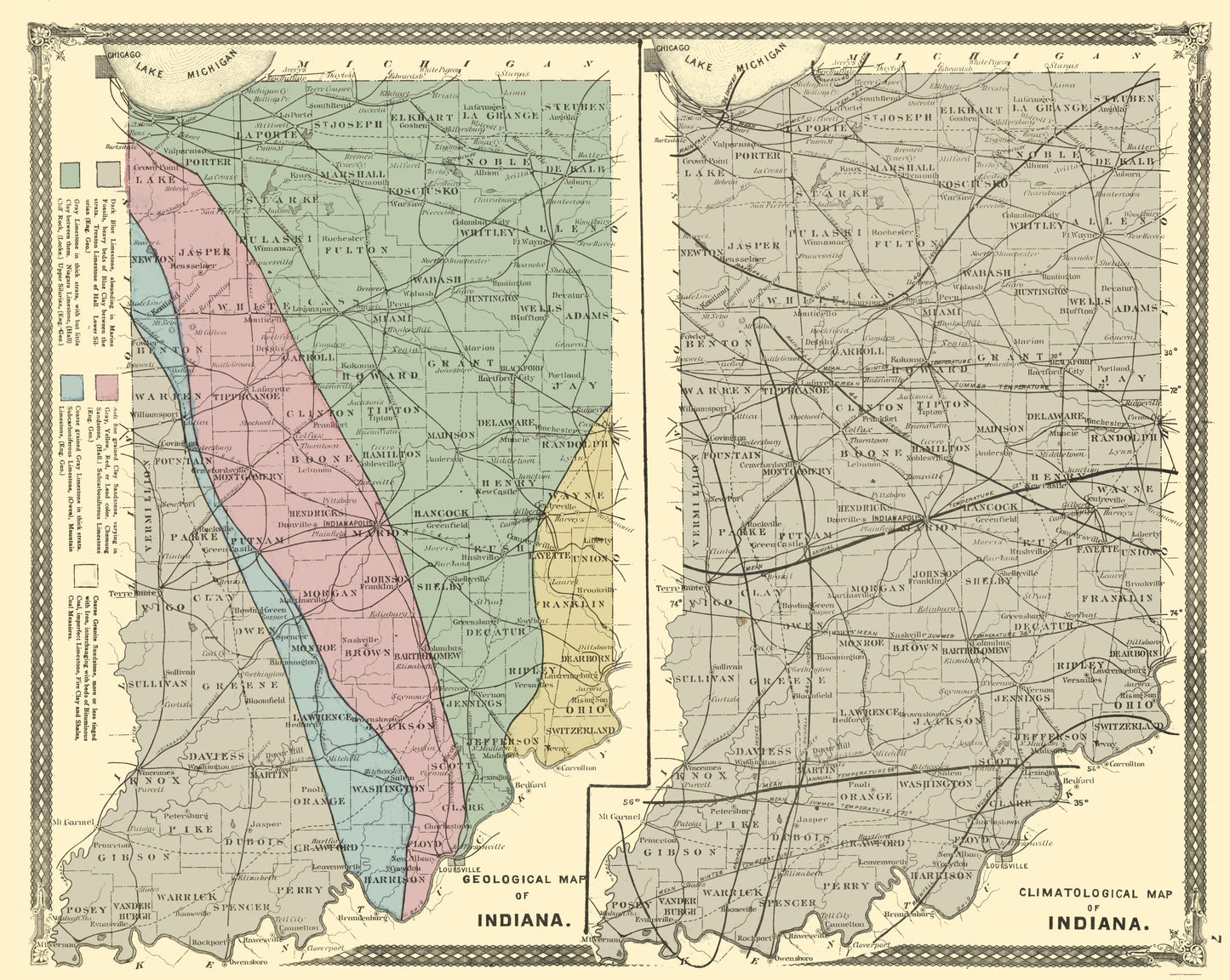 Historic State Map - Indiana Geology Climate - Baskin 1876 - 23 x 28 - Vintage Wall Art