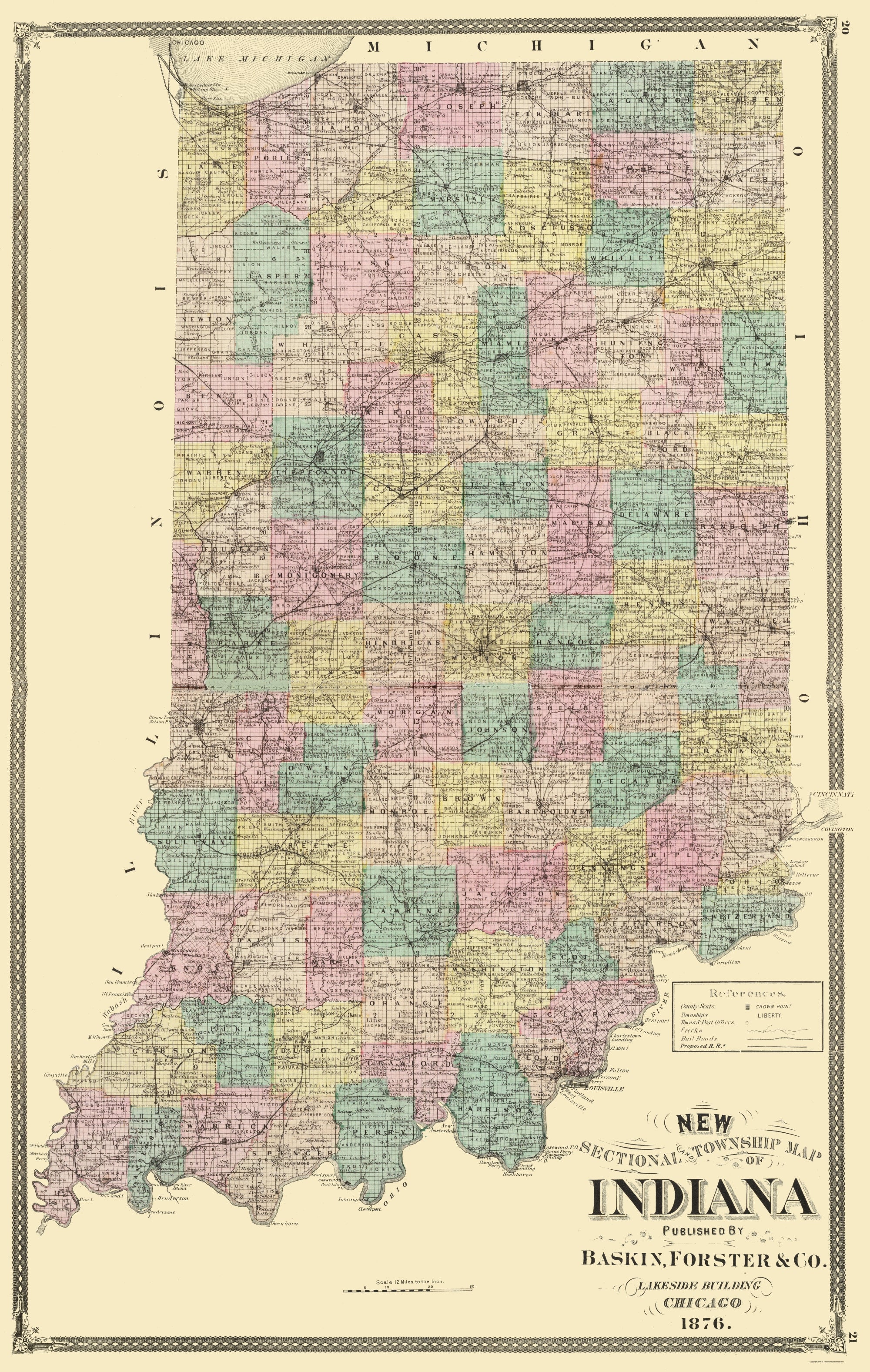 Ind Map Indiana Mod Historic State Map - Indiana - Baskin 1876 - 23 x 36.27 - Vintage Wall ...