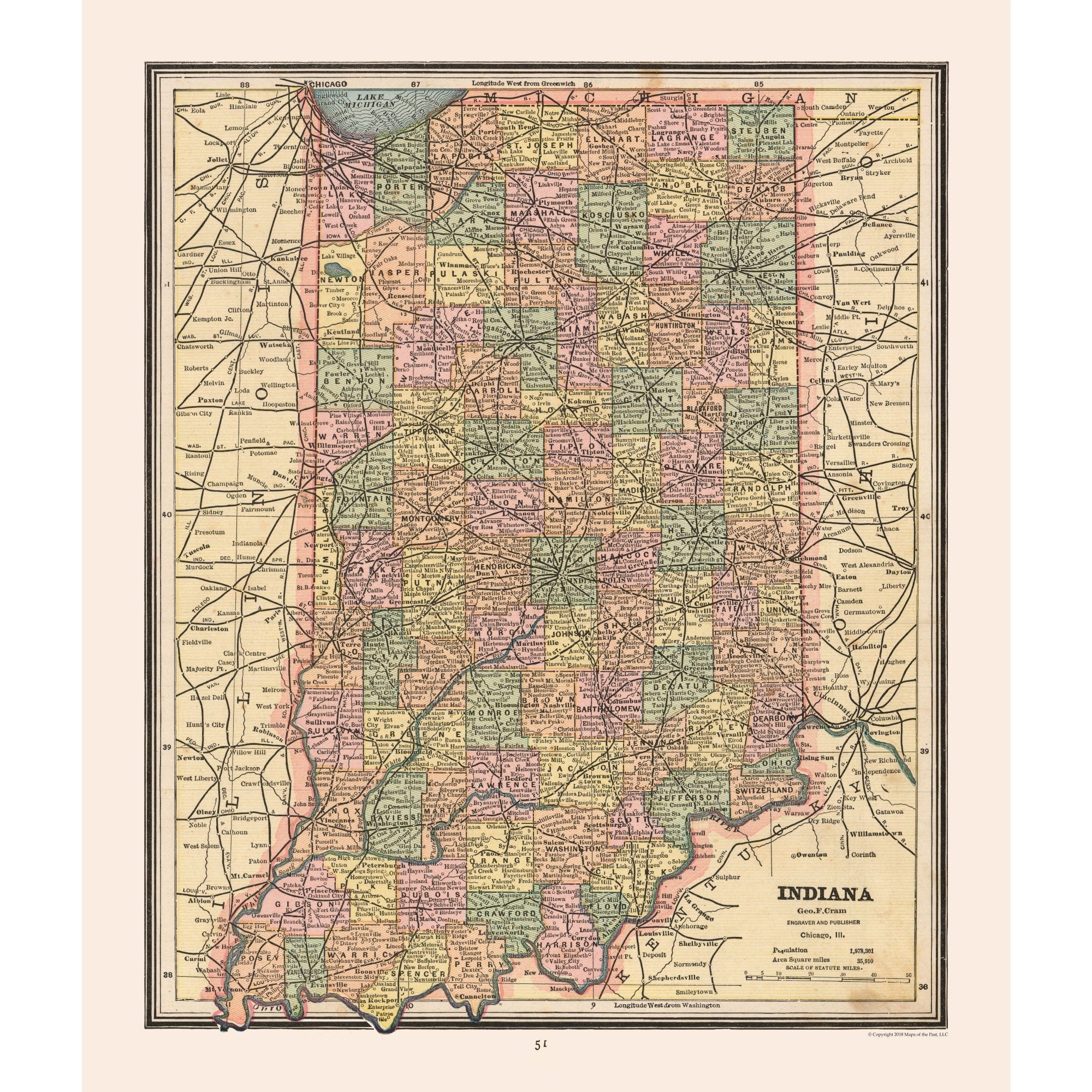 Indiana Base Map Historic State Map - Indiana - Cram 1888 - 23 x 27.05 - Vintage Wall A ...