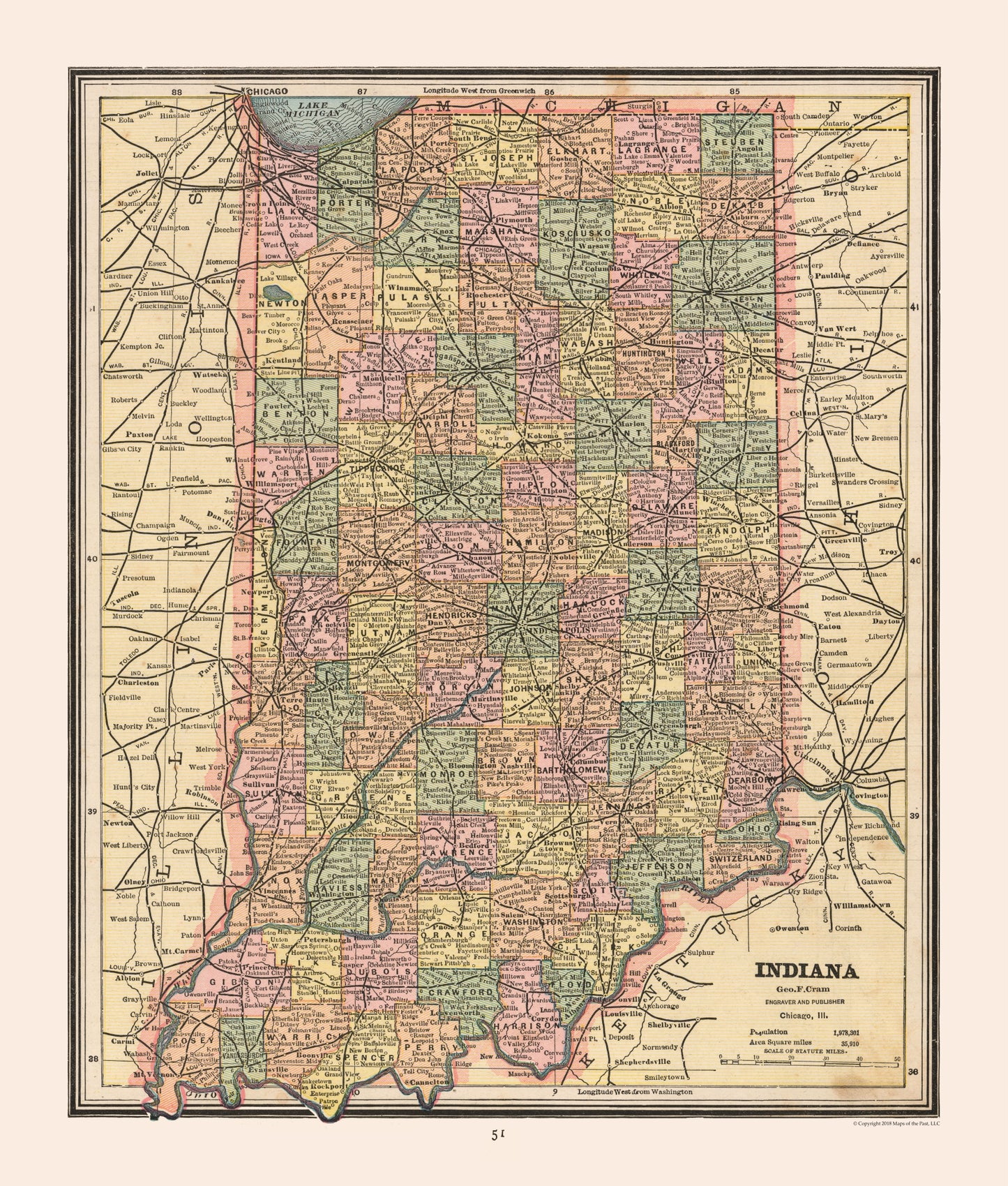 Historic State Map - Indiana - Cram 1888 - 23 x 27.05 - Vintage Wall Art