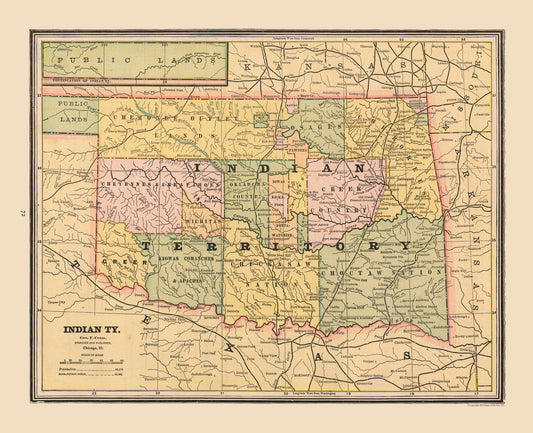 Historic State Map - Indian Territory Oklahoma - Cram 1888 - 28.29 x 23 - Vintage Wall Art