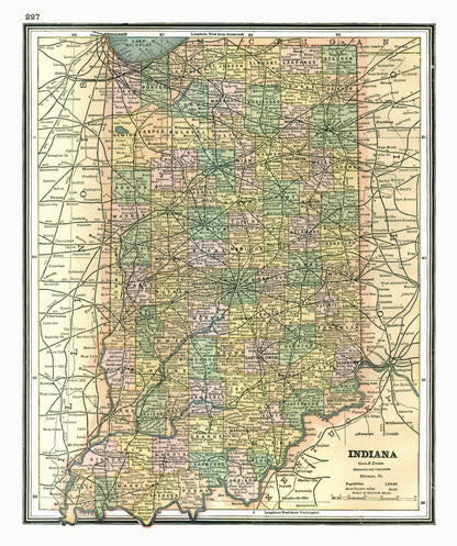 Historic State Map - Indiana - Johnson 1888 - 23 x 27.49 - Vintage Wall Art