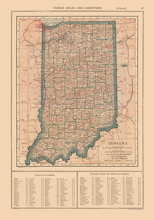 Historic State Map - Indiana - Reynold 1921 - 23 x 32.82 - Vintage Wall Art