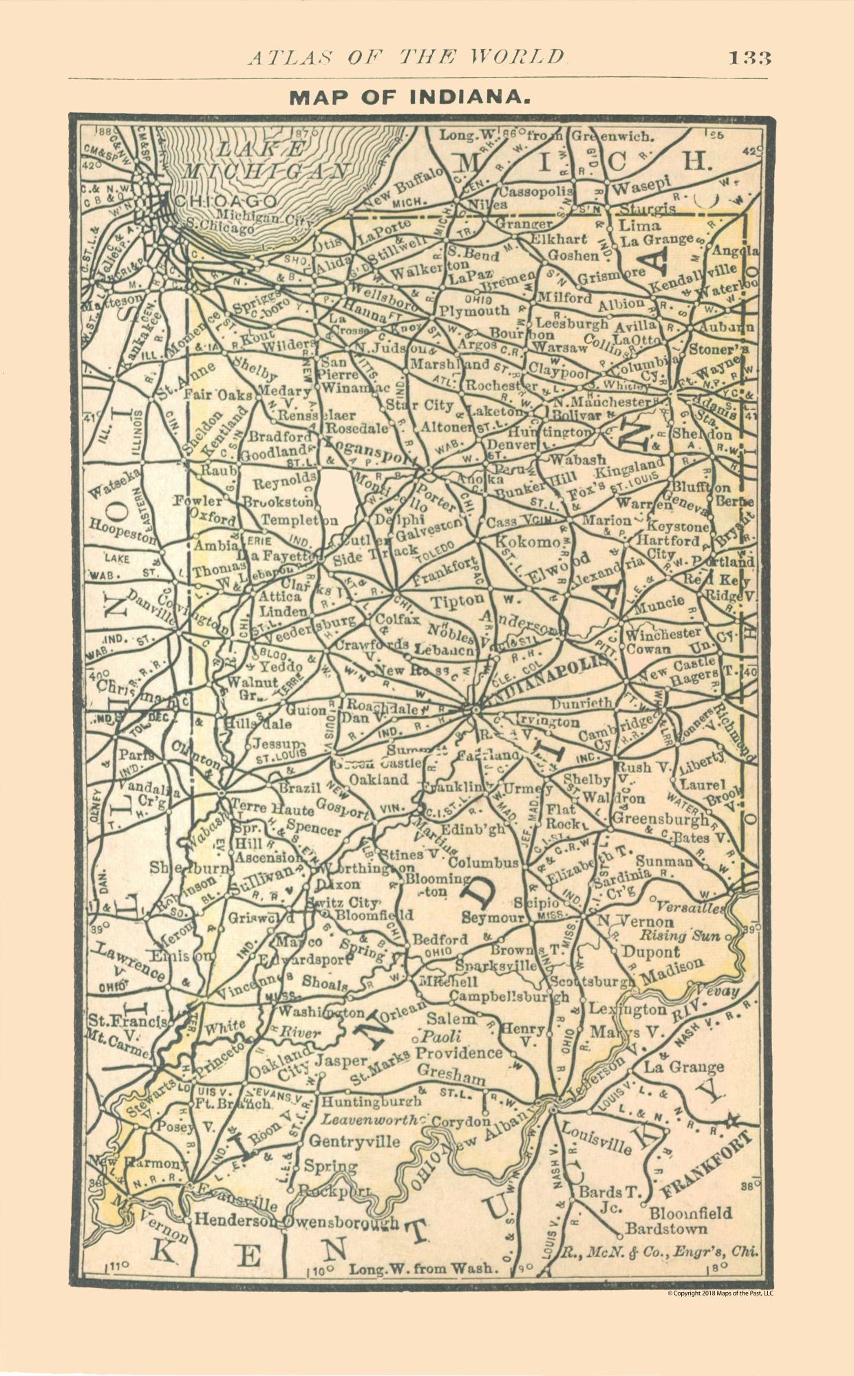 Historic State Map - Indiana - Alden 1886 - 23 x 37.08 - Vintage Wall Art