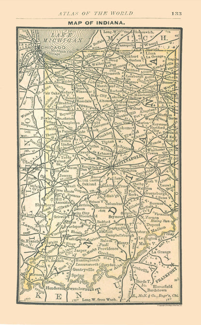 Historic State Map - Indiana - Alden 1886 - 23 x 37.08 - Vintage Wall Art