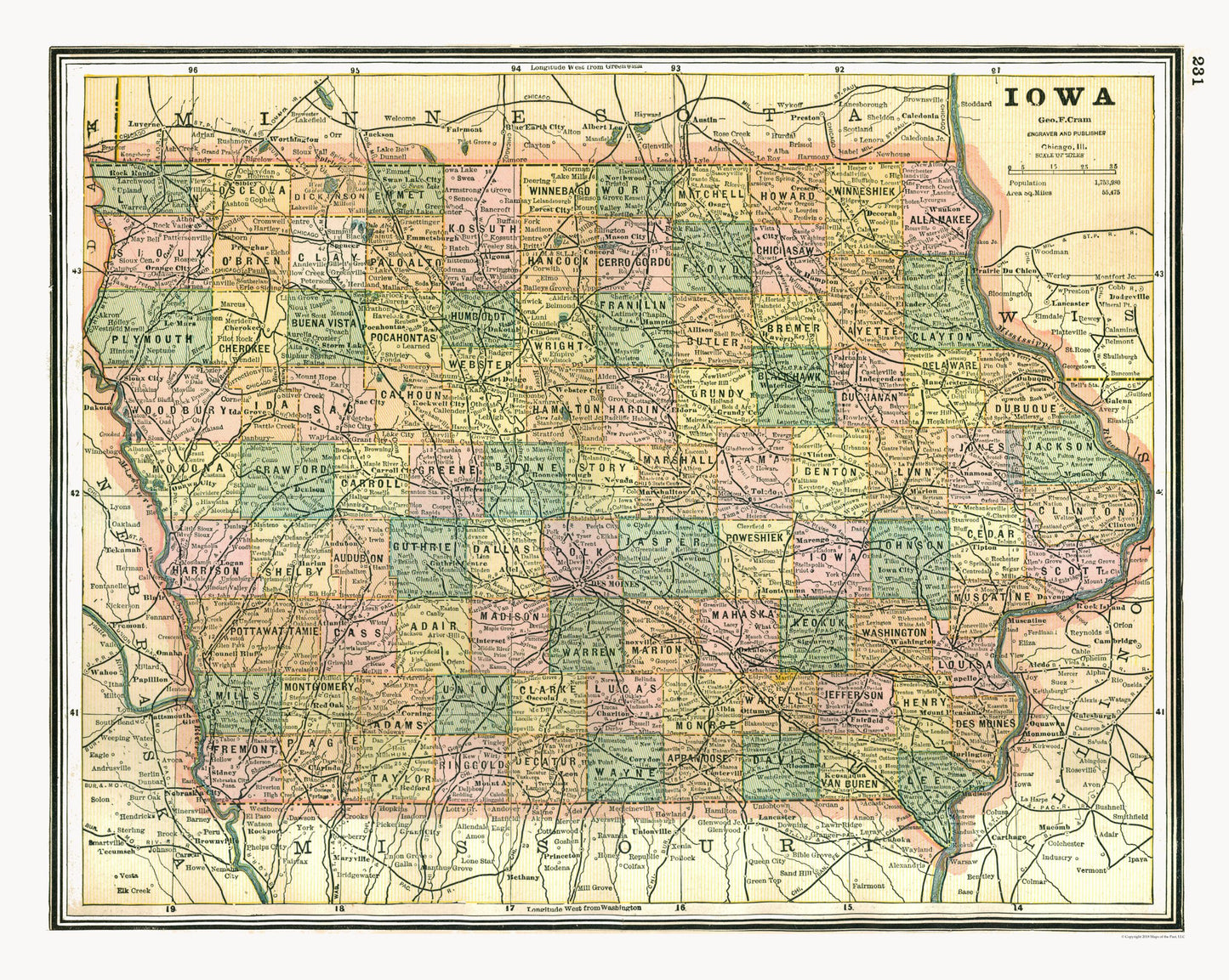 Historic State Map - Iowa - Johnson 1888 - 28.84 x 23 - Vintage Wall Art