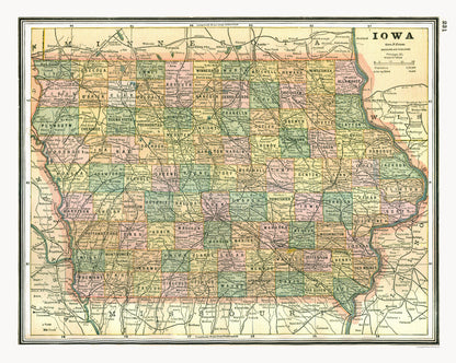 Historic State Map - Iowa - Johnson 1888 - 28.84 x 23 - Vintage Wall Art