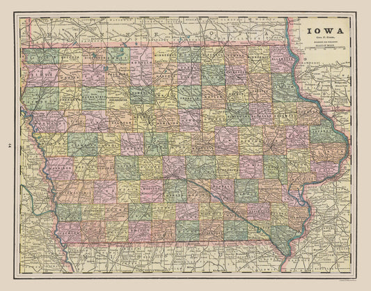 Historic State Map - Iowa - Cram 1892 - 29.35 x 23 - Vintage Wall Art