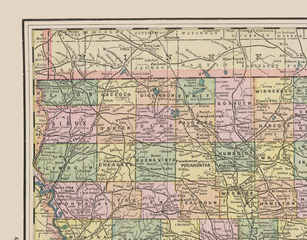 Historic State Map - Iowa - Cram 1892 - 29.35 x 23 - Vintage Wall Art