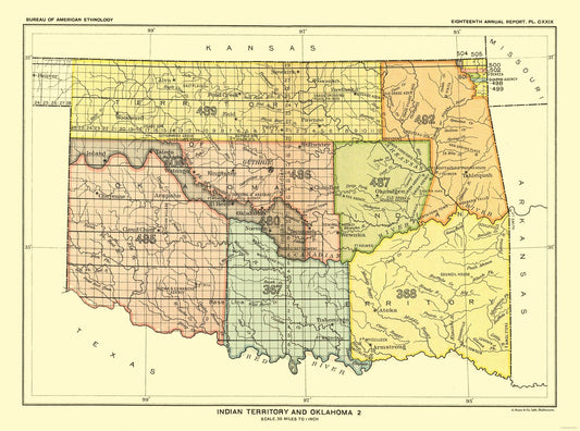 Historic State Map - Indian Territory Oklahoma - Hoen 1896 - 30.95 x 23 - Vintage Wall Art