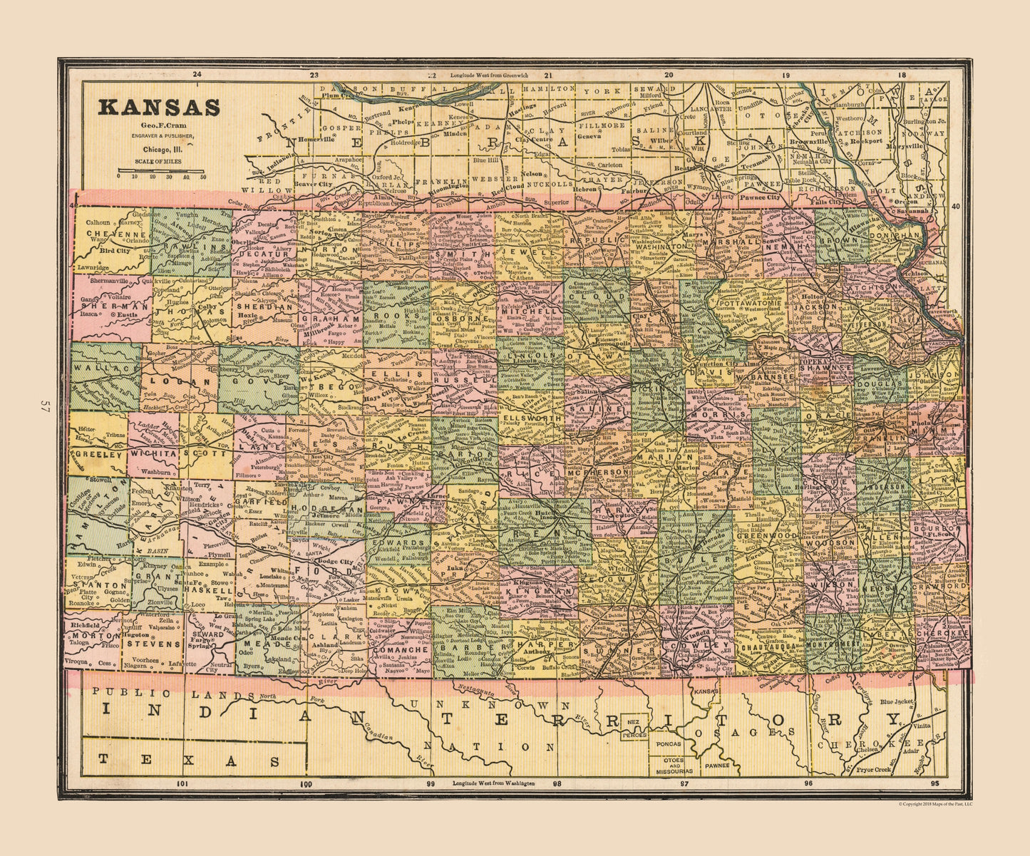 Historic State Map - Kansas - Cram 1888 - 27.68 x 23 - Vintage Wall Art