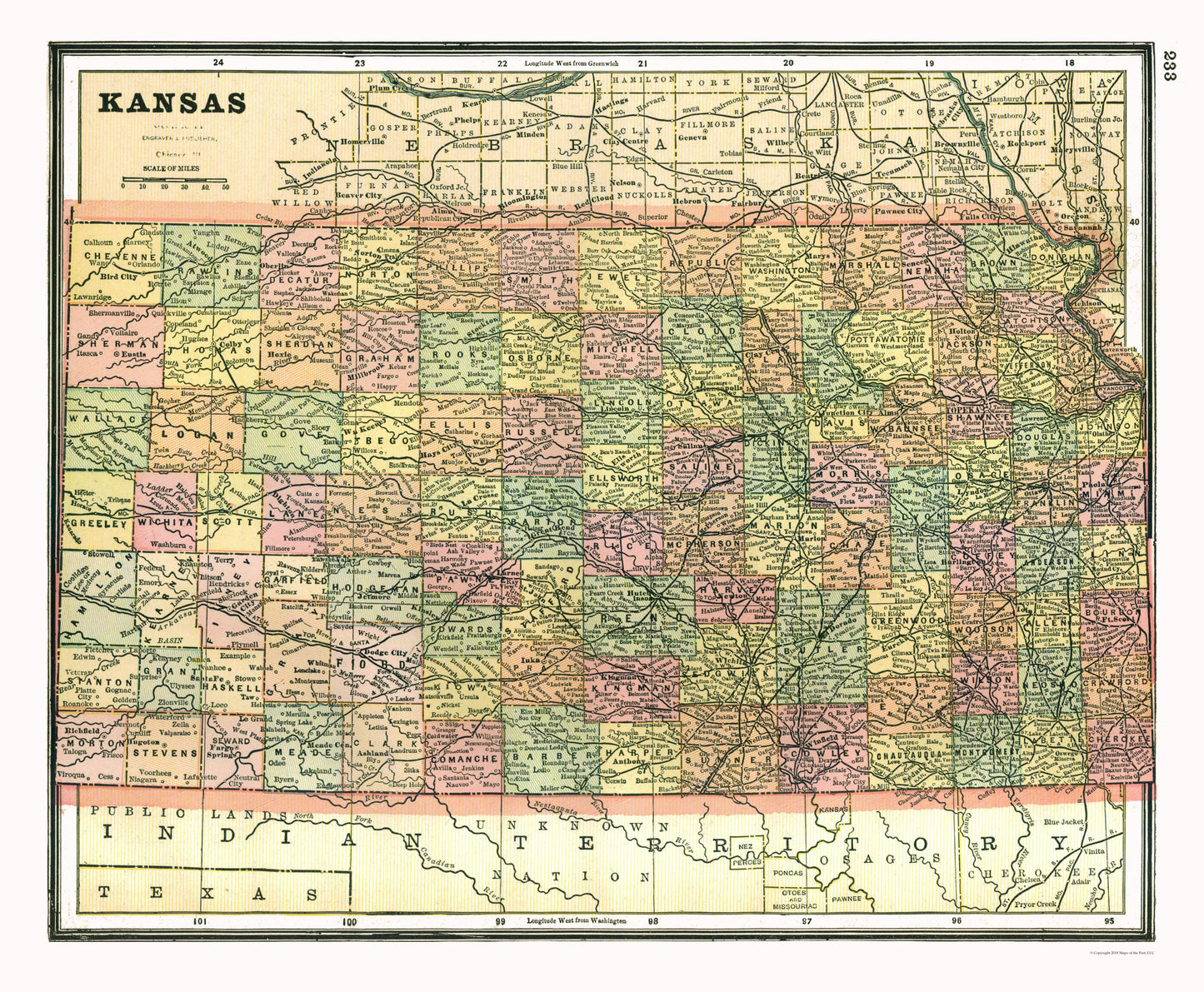 Historic State Map - Kansas - Johnson 1888 - 27.90 x 23 - Vintage Wall Art