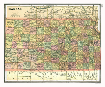 Historic State Map - Kansas - Johnson 1888 - 27.90 x 23 - Vintage Wall Art