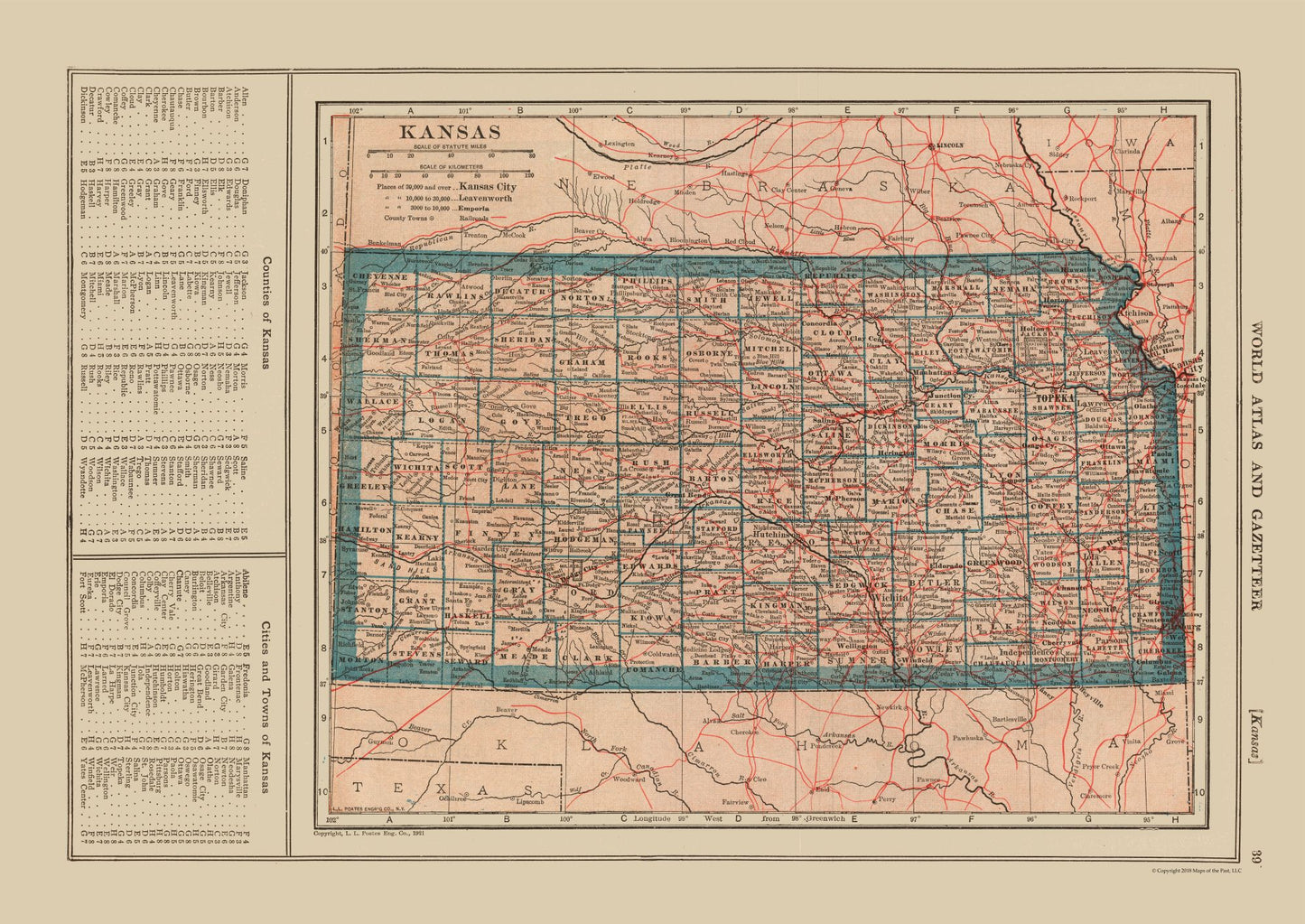 Historic State Map - Kansas - Reynold 1921 - 32.49 x 23 - Vintage Wall Art