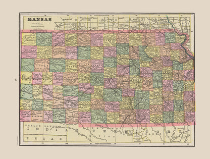 Historic State Map - Kansas - Cram 1892 - 30.41 x 23 - Vintage Wall Art