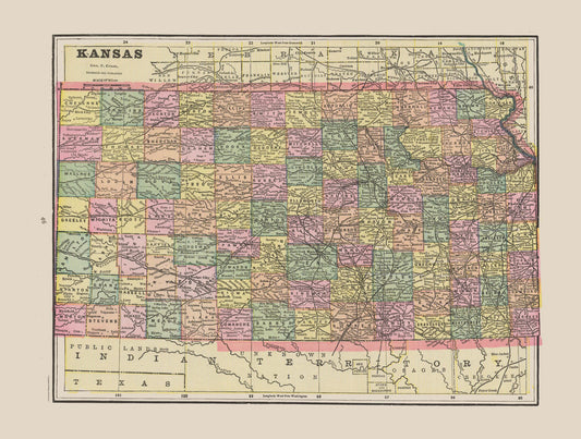 Historic State Map - Kansas - Cram 1892 - 30.41 x 23 - Vintage Wall Art