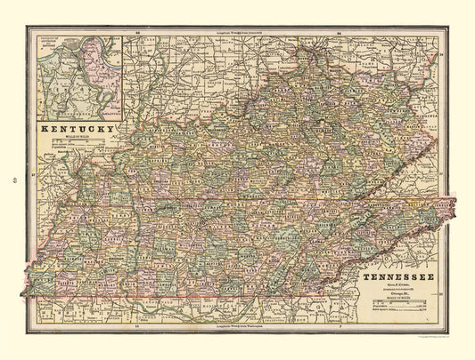 Historic State Map - Kentucky Tennessee - Cram 1888 - 30.30 x 23 - Vintage Wall Art