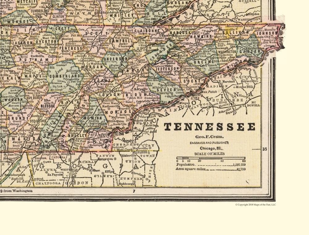 Historic State Map - Kentucky Tennessee - Cram 1888 - 30.30 x 23 - Vintage Wall Art