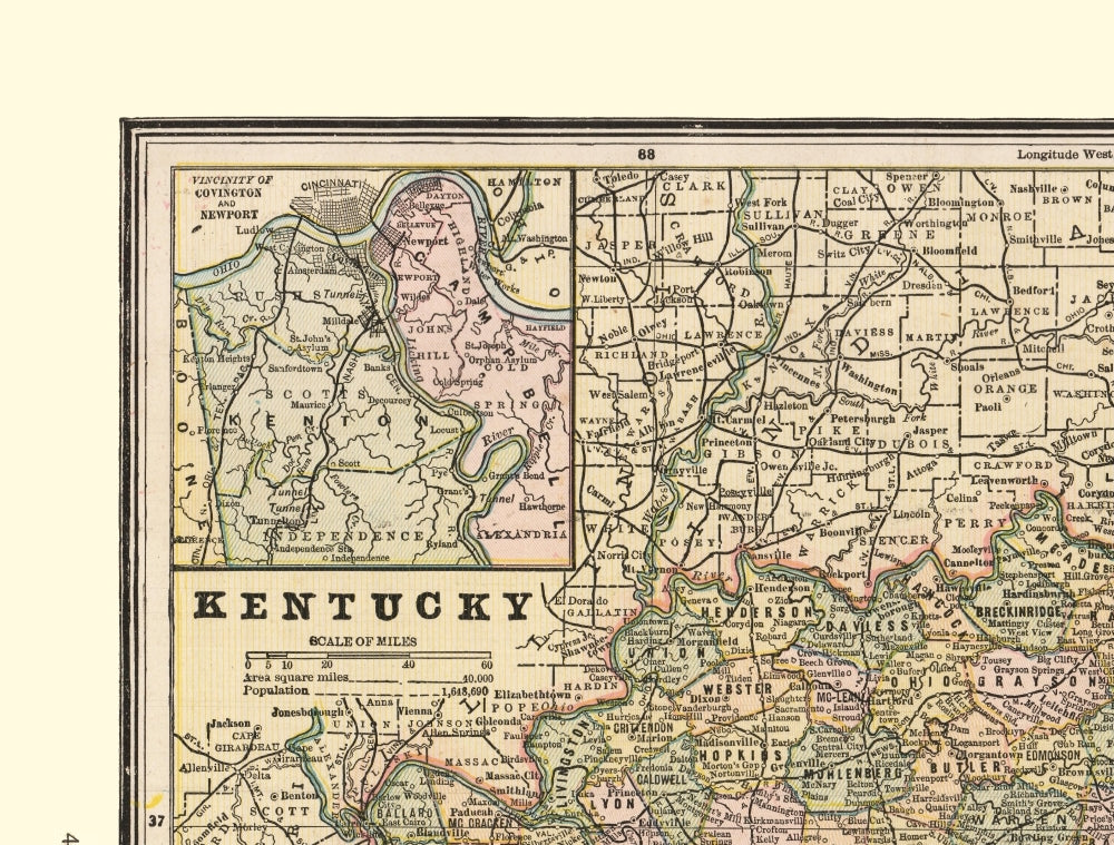 Historic State Map - Kentucky Tennessee - Cram 1888 - 30.30 x 23 - Vintage Wall Art