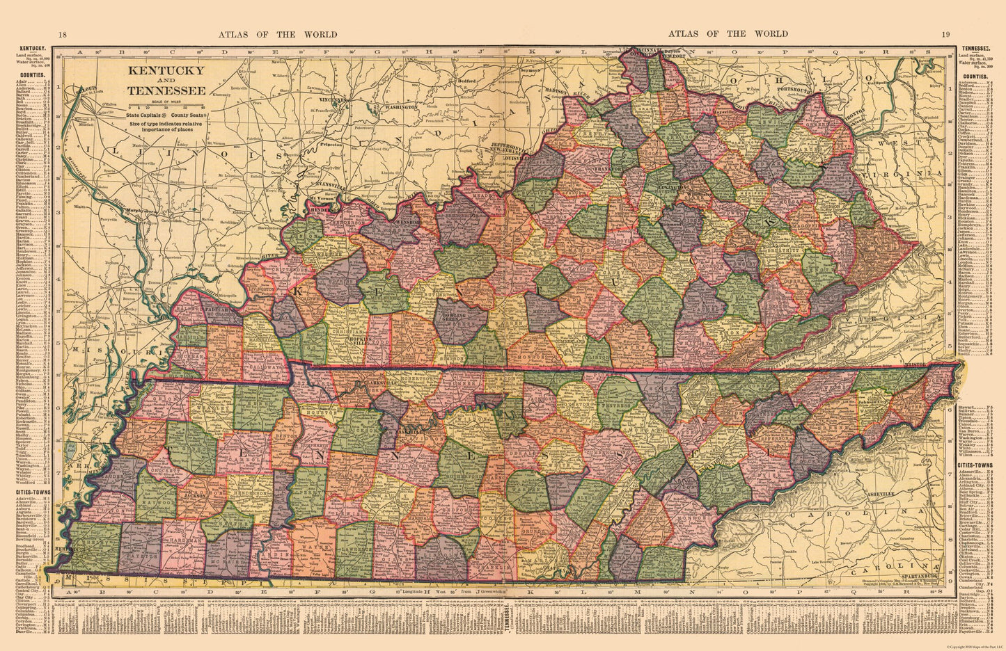 Historic State Map - Kentucky Tennessee - Hammond 1910 -35.51 x 23 - Vintage Wall Art