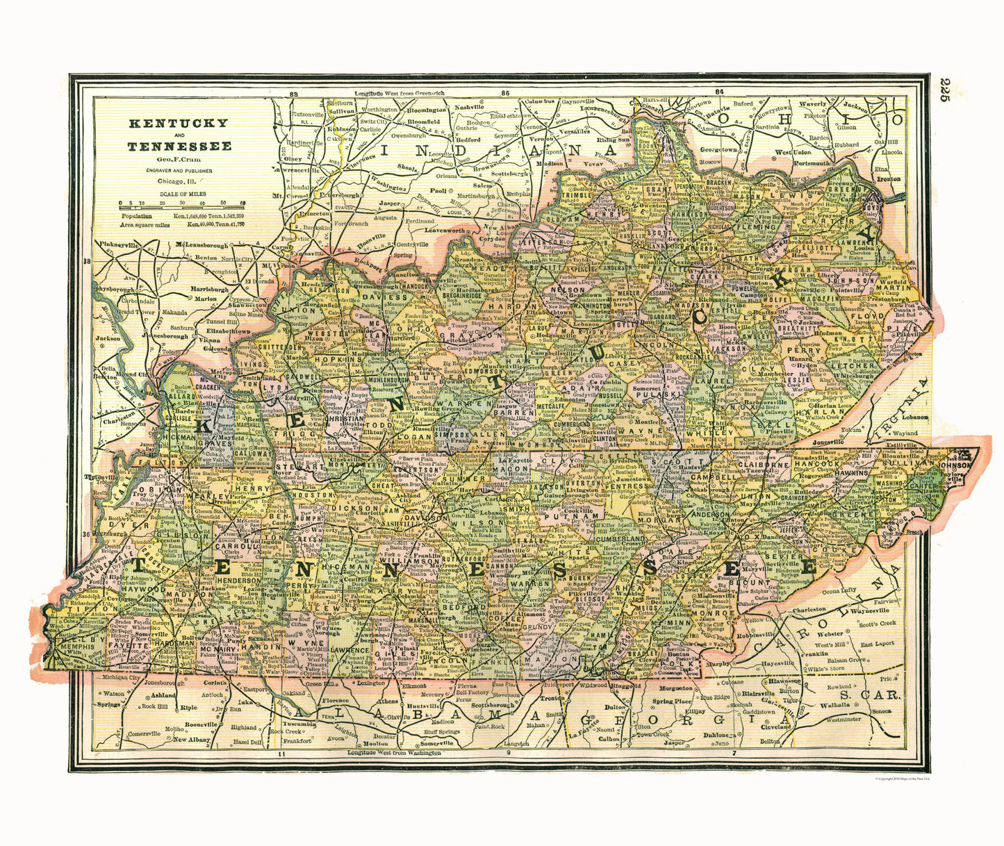 Historic State Map - Kentucky Tennessee - Johnson 1888 - 27.29 x 23 - Vintage Wall Art