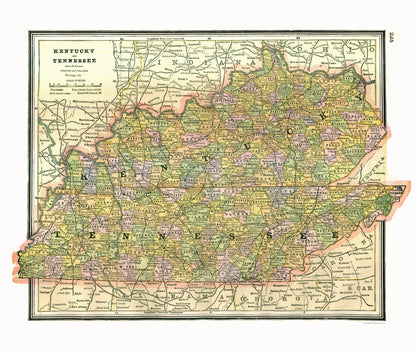 Historic State Map - Kentucky Tennessee - Johnson 1888 - 27.29 x 23 - Vintage Wall Art