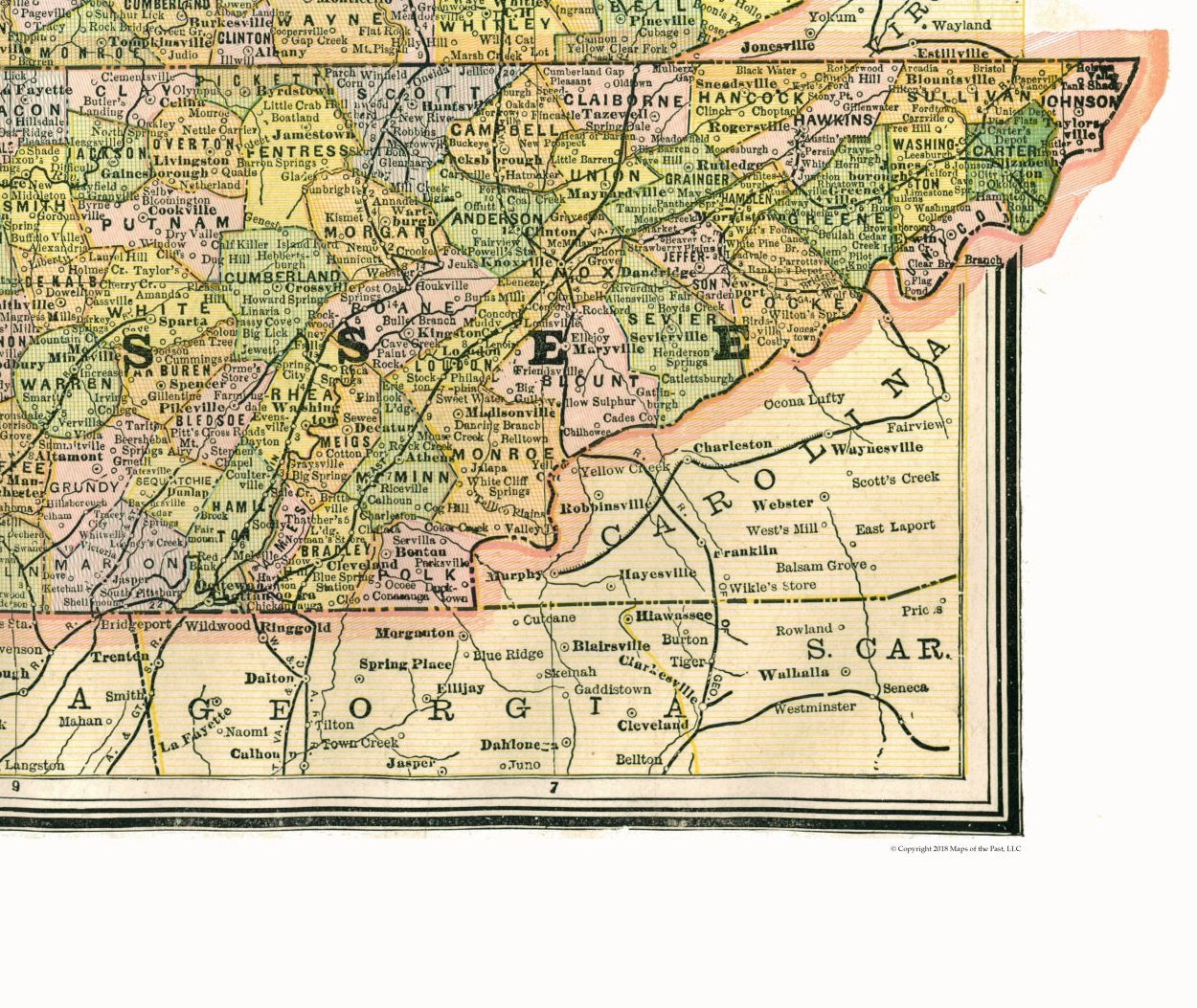 Historic State Map - Kentucky Tennessee - Johnson 1888 - 27.29 x 23 - Vintage Wall Art