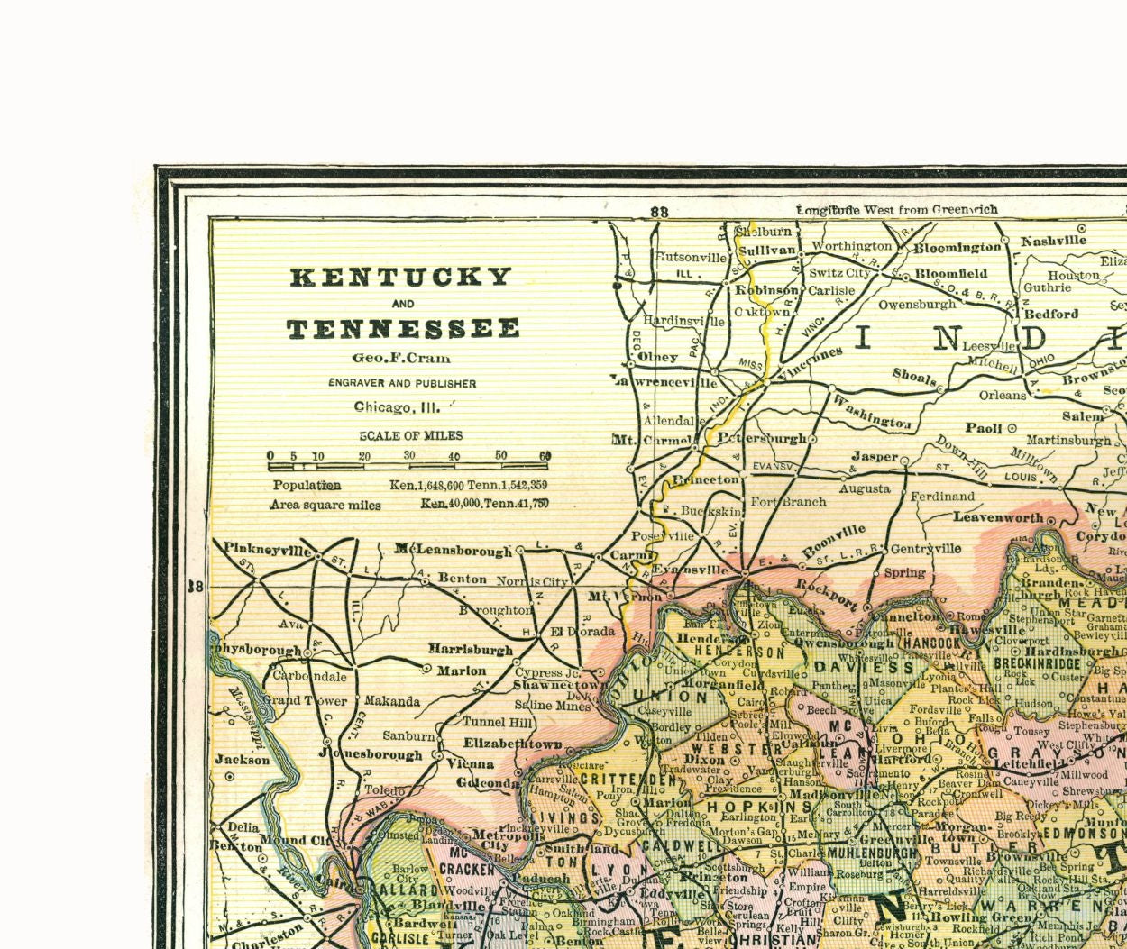 Historic State Map - Kentucky Tennessee - Johnson 1888 - 27.29 x 23 - Vintage Wall Art