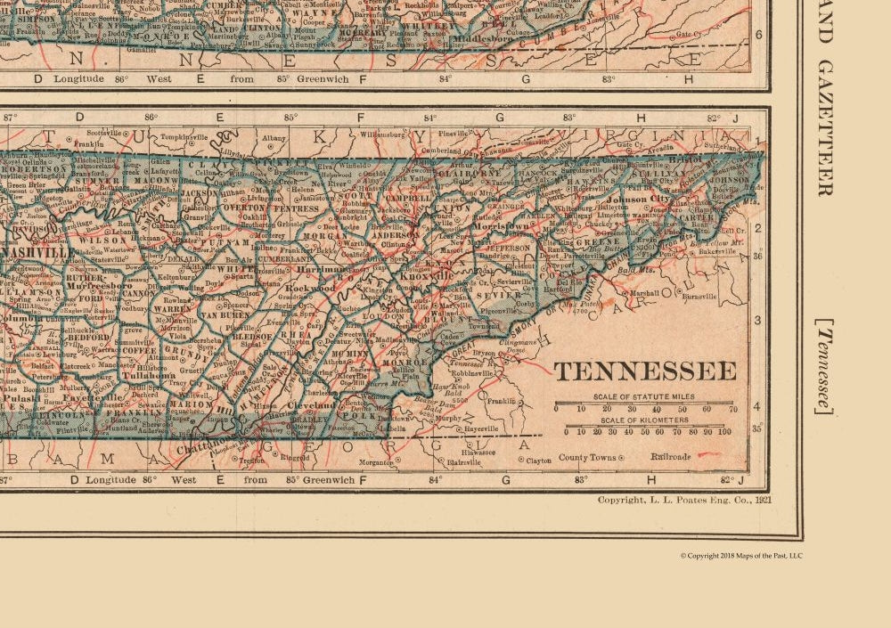 Historic State Map - Kentucky Tennessee - Reynold 1921 - 32.59 x 23 - Vintage Wall Art