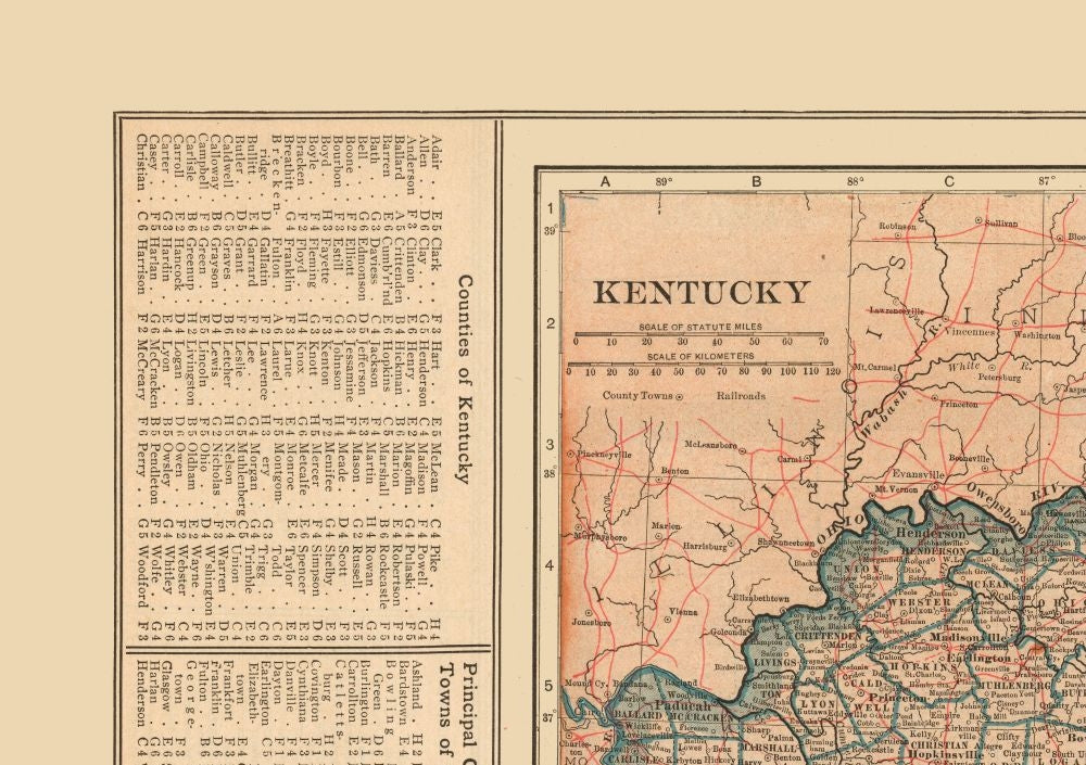 Historic State Map - Kentucky Tennessee - Reynold 1921 - 32.59 x 23 - Vintage Wall Art