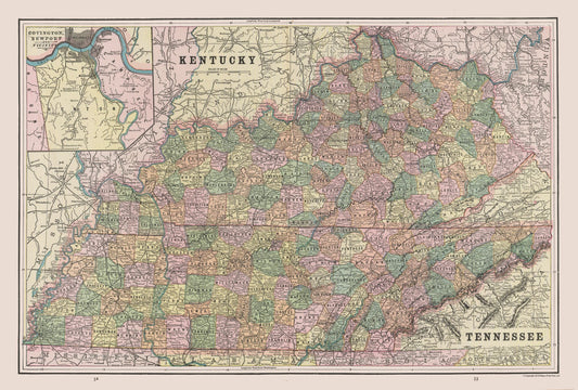 Historic State Map - Kentucky Tennessee - Cram 1892 - 34.07 x 23 - Vintage Wall Art