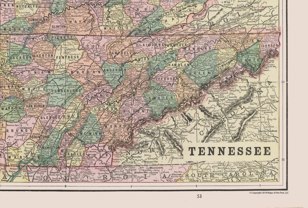 Historic State Map - Kentucky Tennessee - Cram 1892 - 34.07 x 23 - Vintage Wall Art