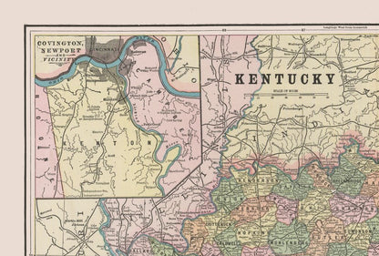 Historic State Map - Kentucky Tennessee - Cram 1892 - 34.07 x 23 - Vintage Wall Art