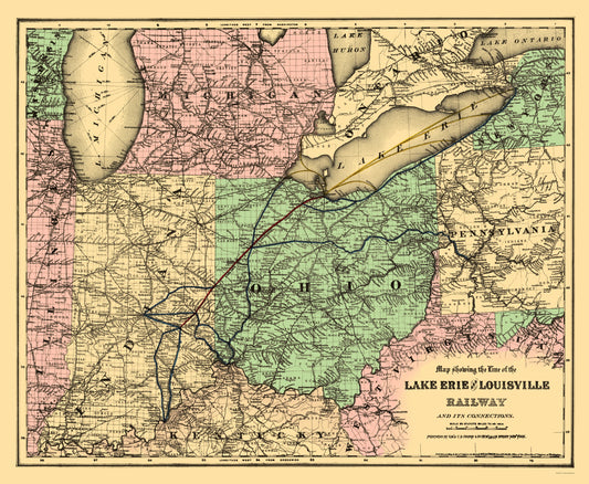 Railroad Map - Lake Erie and Louisville Railway - Colton 1872 - 23 x 27.98 - Vintage Wall Art