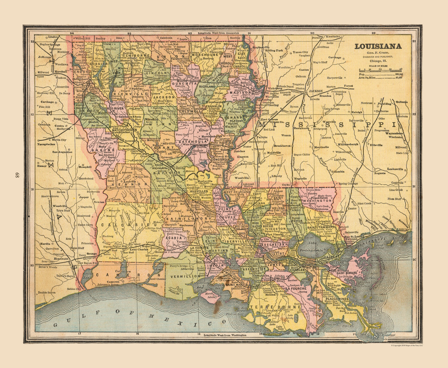 Historic State Map - Louisiana United States - Cram 1888 - 27.98 x 23 - Vintage Wall Art