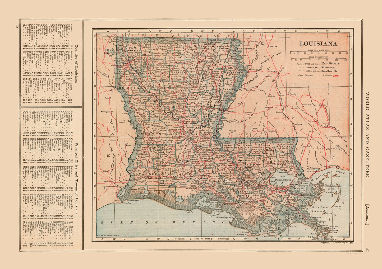 Historic State Map - Louisiana - Reynold 1921 - 32.60 x 23 - Vintage Wall Art