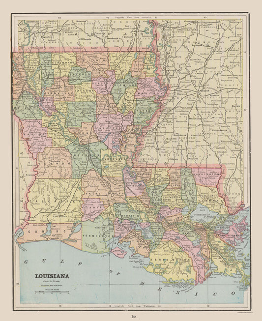 Historic State Map - Louisiana - Cram 1892 - 23 x 28.17 - Vintage Wall Art