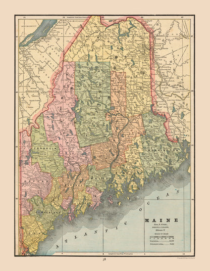 Historic State Map - Maine - Cram 1888 - 23 x 29.66 - Vintage Wall Art