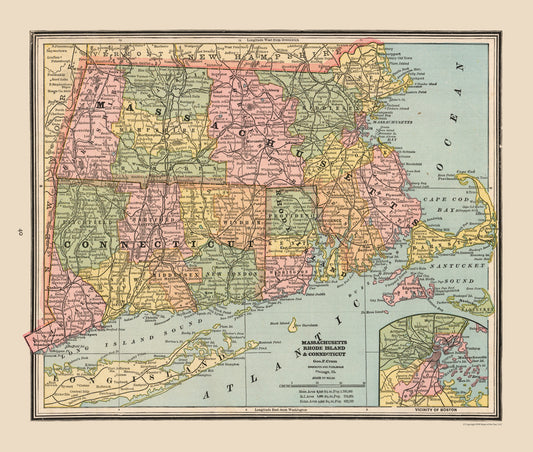 Historic State Map - Massachusetts Rhode Island - Cram 1888 - 27.14 x 23 - Vintage Wall Art