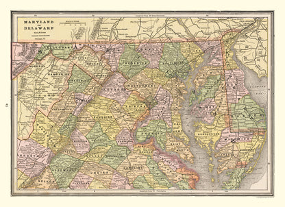 Historic State Map - Maryland Delaware - Cram 1888 - 31.65 x 23 - Vintage Wall Art