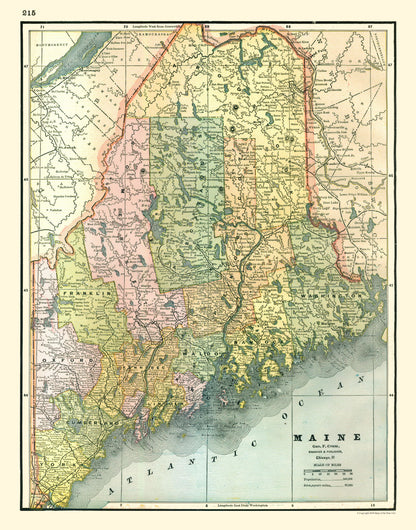 Historic State Map - Maine - Johnson 1888 - 23 x 29.30 - Vintage Wall Art