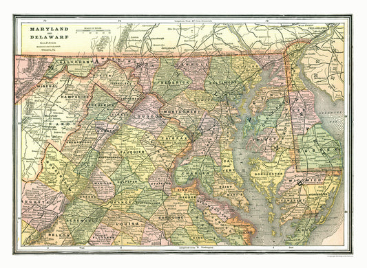 Historic State Map - Maryland Delaware - Johnson 1888 - 31.46 x 23 - Vintage Wall Art