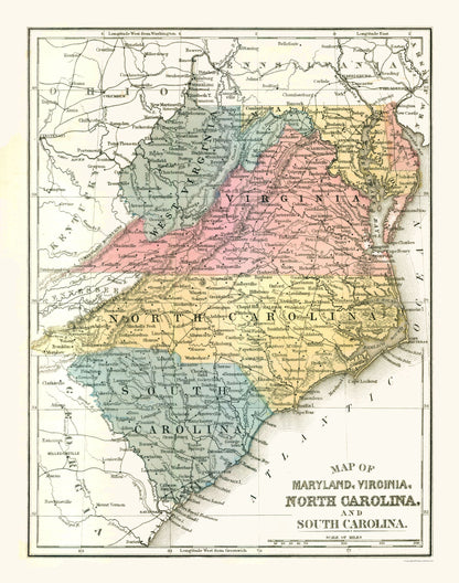 Historic State Map - Maryland Virginia North Carolina - Mitchell 1869 - 23 x 29.18 - Vintage Wall Art