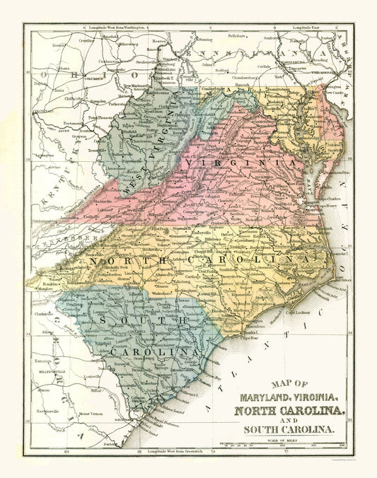 Historic State Map - Maryland Virginia North Carolina - Mitchell 1869 - 23 x 29.18 - Vintage Wall Art