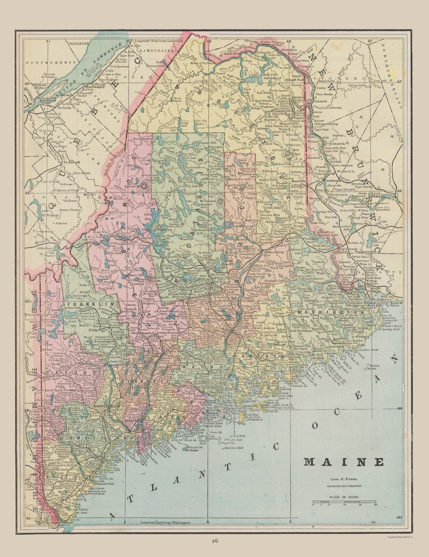 Historic State Map - Maine - Cram 1892 - 23 x 29.86 - Vintage Wall Art