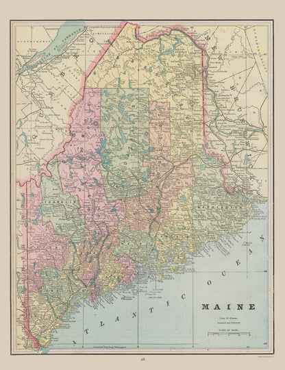 Historic State Map - Maine - Cram 1892 - 23 x 29.86 - Vintage Wall Art